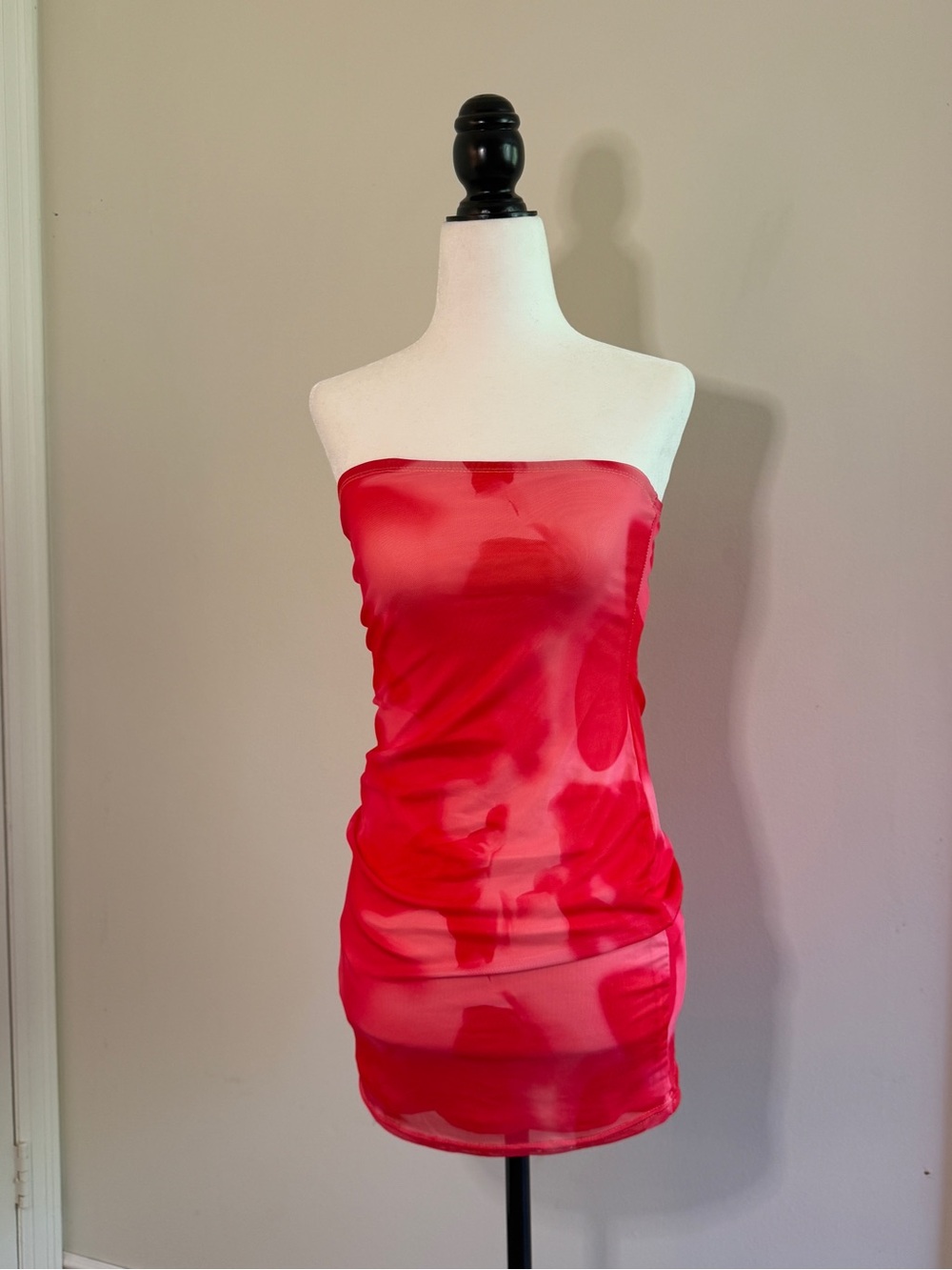 Strapless Pink Red Sheer Bodycon Mini Dress S